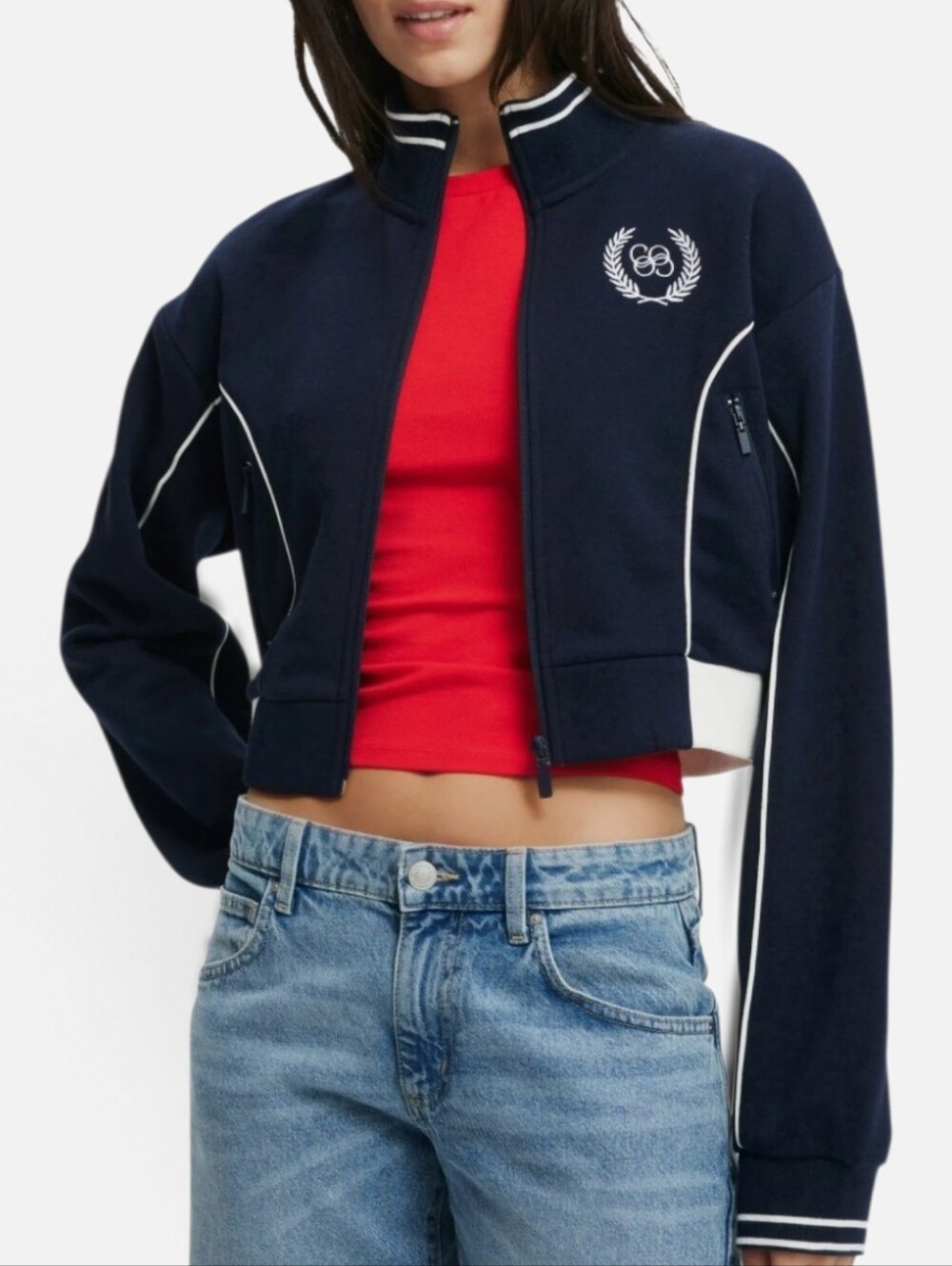 Cotton On Navy Embroidered Crop Track Jacket XL Preppy Varsity Streetwear